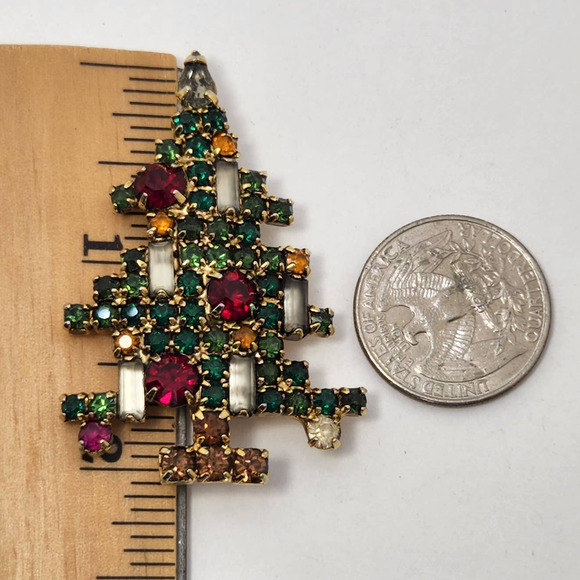 Vintage Weiss 5 Candle Rhinestone Christmas Tree Brooch Pin Gold Tone Holiday - Picture 2 of 10